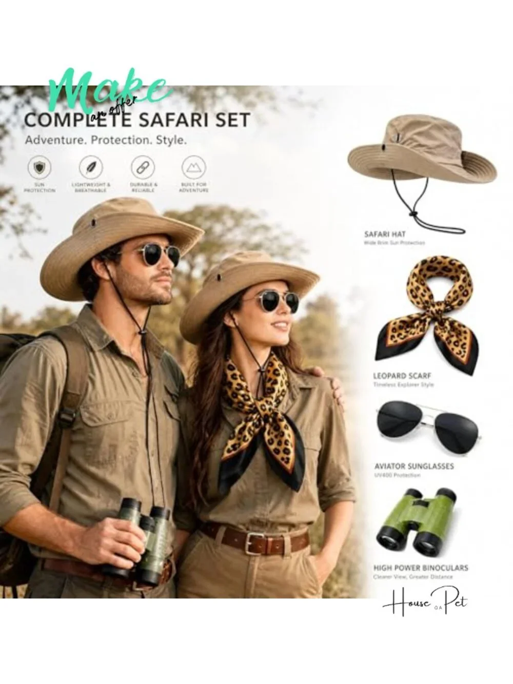 4-Piece Safari Costume Kit Sun Bucket Hat Leopard Scarf Binoculars Cosplay